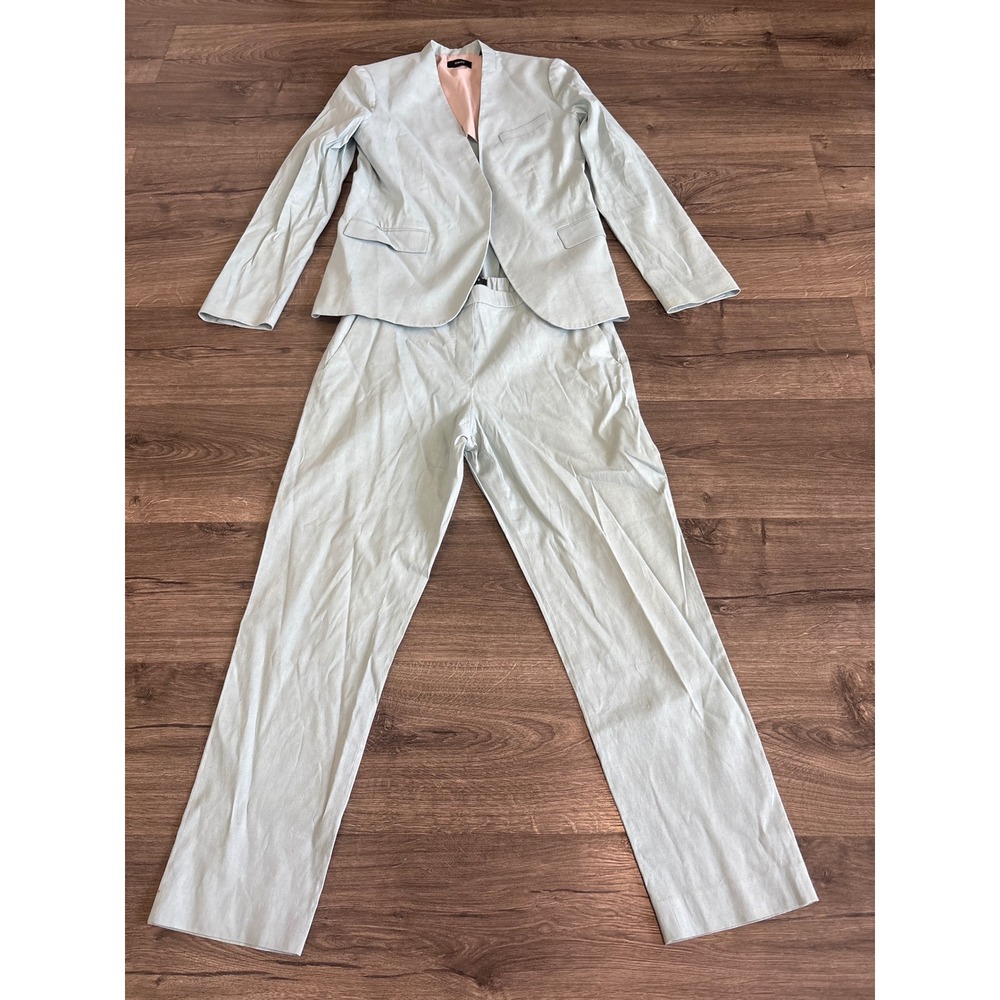 Theory Womens Linen Suit Set Seafoam Green Eco Crunch Jacket 6 Treeca Pants 6 - Picture 2 of 12